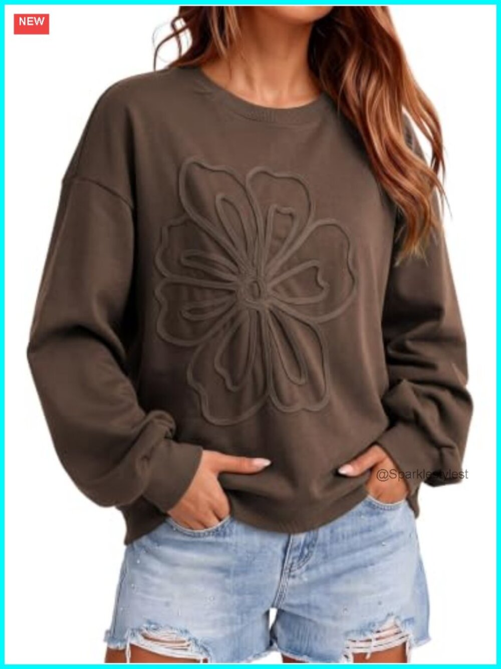 Oversized Cotton Blend Floral Embroidered Sweatshirt Pullover Womens Top